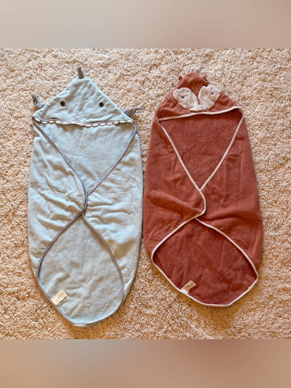 Cloud Island Baby Hooded Towels 2-Pack Shark Fox Blue Rust Bath Towels